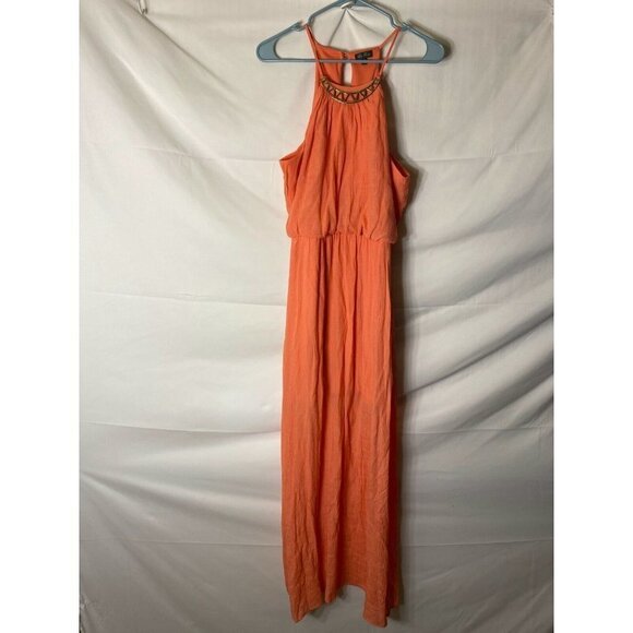 - LILY ROSE WOMENS SIZE LARGE SUNDRESS MAXI PEACH PINK LONG METAL ACCENT halter - Picture 1 of 3